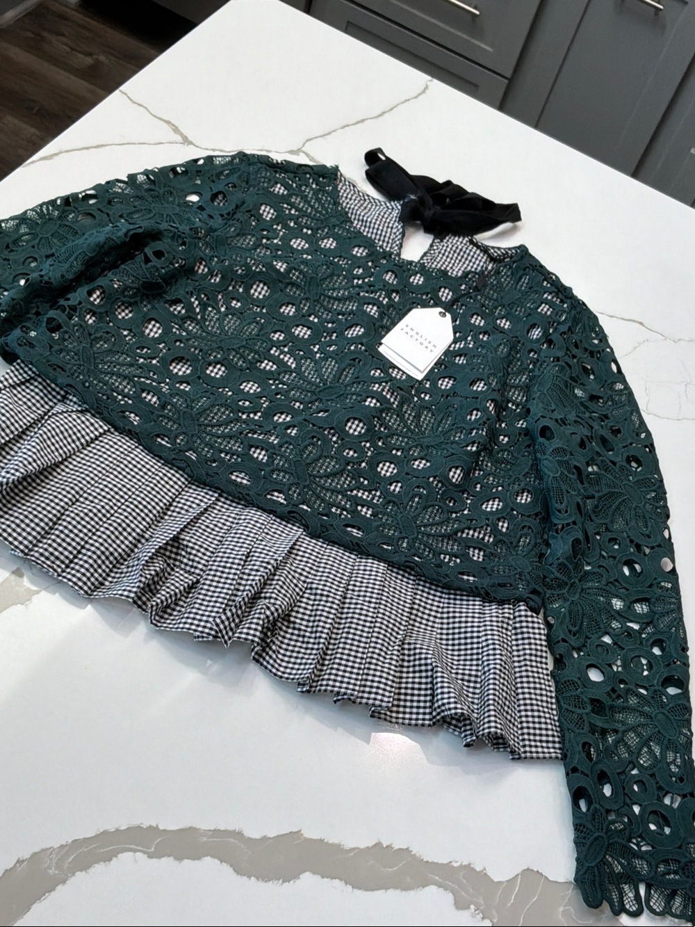 English Factory Dark Teal Lace Layered Sweatshirt with Gingham Ruffle